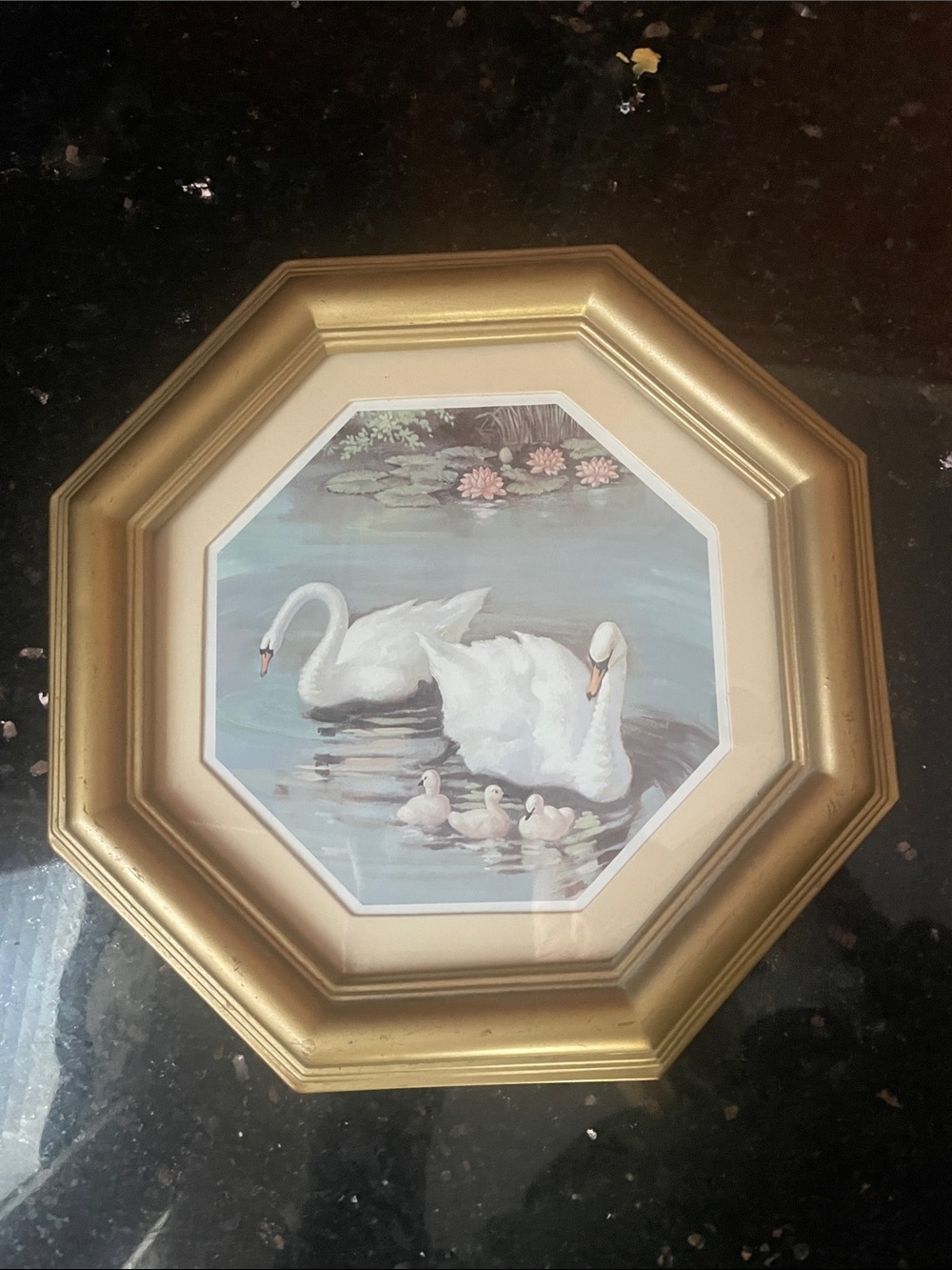 Vintage Octagonal Gold Framed Swan Family Wall Art